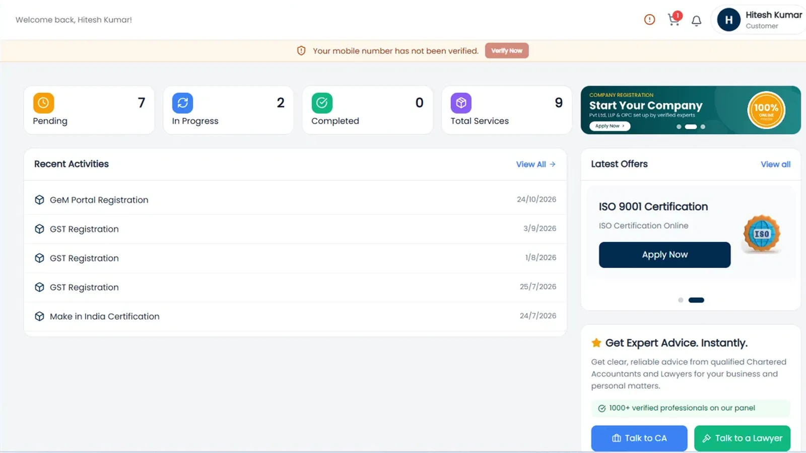 BusinessLawyer client dashboard with the small banner ad space highlighted