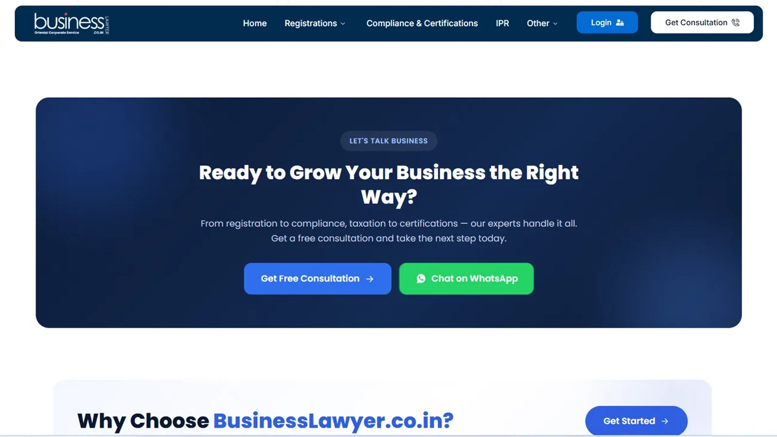 BusinessLawyer.co.in home page with the call-to-action ad block highlighted