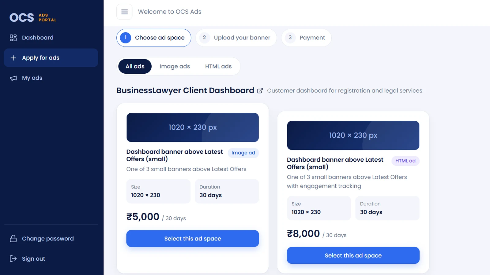 Choose ad space screen with image and HTML ad options and prices