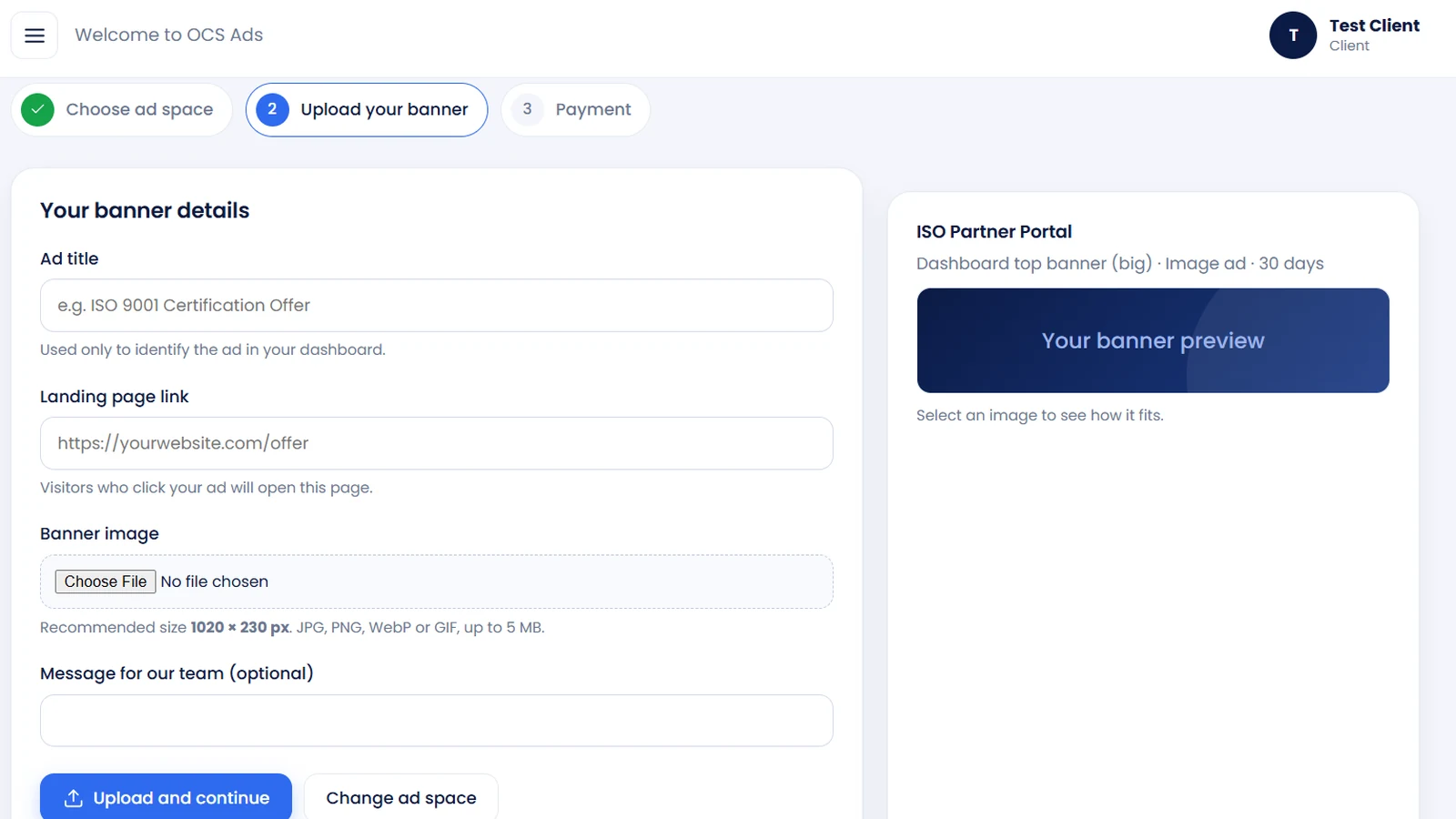 Upload your banner form with live banner preview